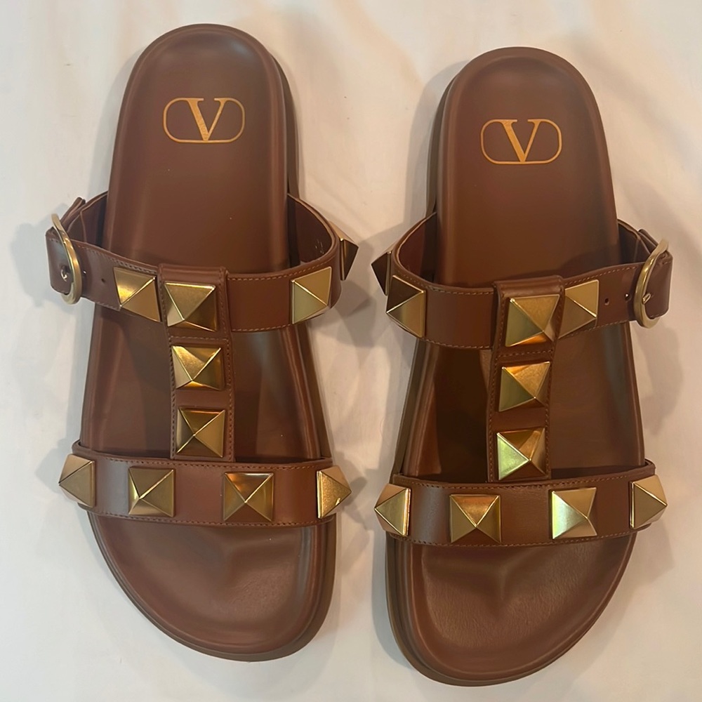 Valentino Garavani Brown Leather Studded Slide Sandals with Gold Pyramid Studs